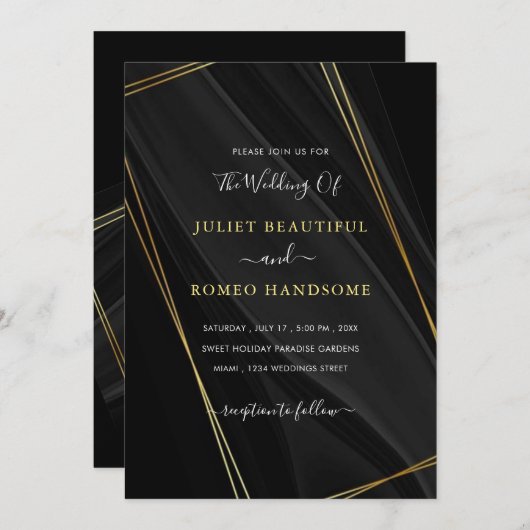 金ゴールドフレームズラグジュアリーゴールデンブラック結婚式招待状 (正面/裏面)