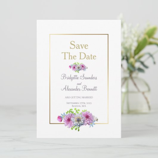 金ゴールドフレームダリアフローラ結婚式の日付を保存 招待状 (スタンド正面)