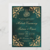 金ゴールドフレームダークグリーンイスラムメーンディ式 招待状 (正面)