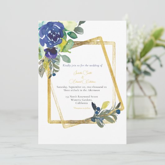 金ゴールドフレームダークブルー&イエローフローラホワイトインビタット 招待状 (スタンド正面)