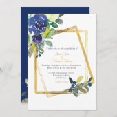 金ゴールドフレームダークブルー&イエローフローラホワイトインビタット 招待状 (正面/裏面)