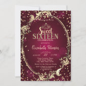 金ゴールドフレームティアラ、ダイアモンズブルガンディースウィート16パーティー 招待状 (正面)
