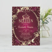 金ゴールドフレームティアラ、ダイアモンズブルガンディースウィート16パーティー 招待状 (スタンド正面)