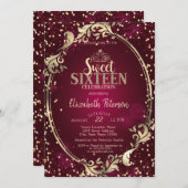 金ゴールドフレームティアラ、ダイアモンズブルガンディースウィート16パーティー 招待状 (正面/裏面)