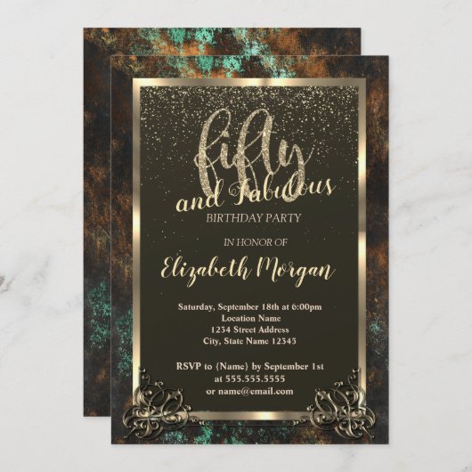 金ゴールドフレームティール(緑がかった色)クーパーパティーナ50th 招待状 (正面/裏面)