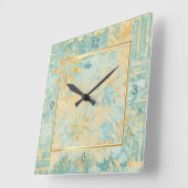 金ゴールドフレームティール(緑がかった色)抽象デザイン スクエア壁時計 (傾斜)