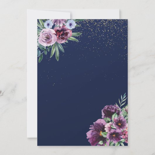 金ゴールドフレームバイオレットフラワーブルー50誕生日 招待状 (裏面)