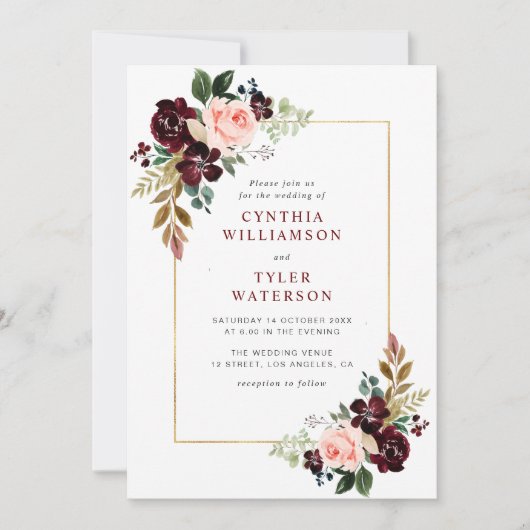 金ゴールドフレームバーガンディ赤面結婚フローラ 招待状 (正面)