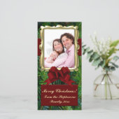 金ゴールドフレームパインレッドボウ垂直クリスマスフォト シーズンカード (スタンド正面)