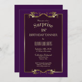 金ゴールドフレームパープルサプライズ18誕生日ディナー 招待状 (正面/裏面)