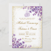 金ゴールドフレームパープルラベンダーイスラムの結婚式 招待状 (正面)