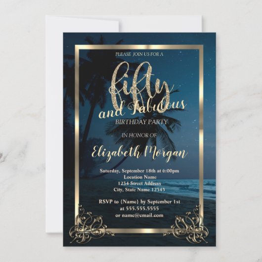 金ゴールドフレームビーチサンセット50thバースデーパーティー 招待状 (正面)