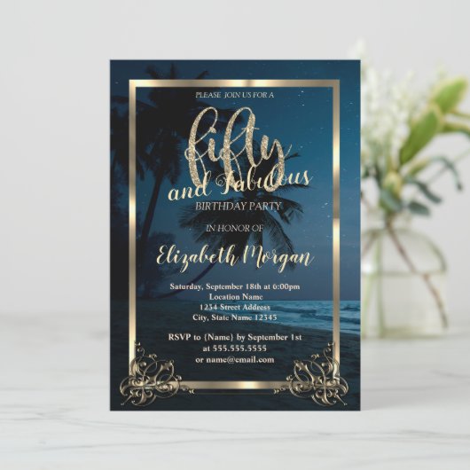 金ゴールドフレームビーチサンセット50thバースデーパーティー 招待状 (スタンド正面)