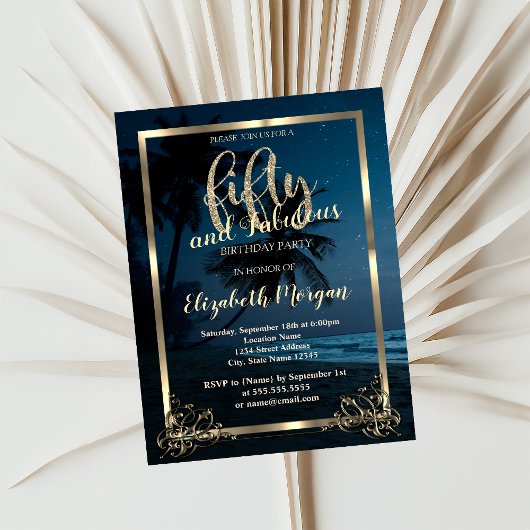 金ゴールドフレームビーチサンセット50thバースデーパーティー 招待状