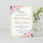 金ゴールドフレームピンクのフローライスラムの結婚式 招待状 (スタンド正面)