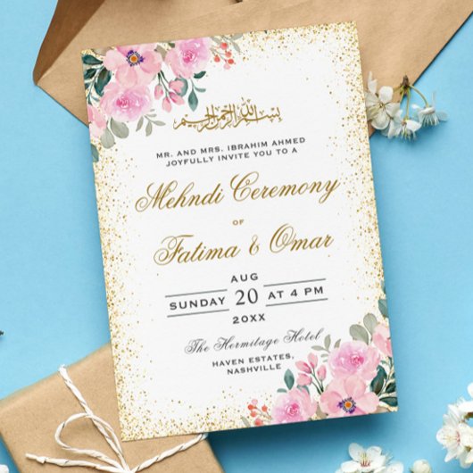 金ゴールドフレームピンクのフローライスラムの結婚式 招待状