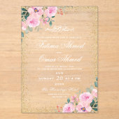 金ゴールドフレームピンクフローライスラム結婚教徒 アクリル招待状 (正面)