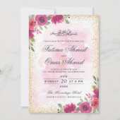 金ゴールドフレームピンクフローライスラム結婚教徒 招待状 (正面)