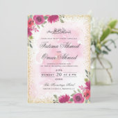 金ゴールドフレームピンクフローライスラム結婚教徒 招待状 (スタンド正面)
