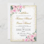 金ゴールドフレームピンクフローライスラム結婚教徒 招待状 (正面)