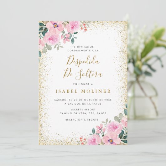 金ゴールドフレームピンクフローラスペインのブライダルシャワー 招待状 (スタンド正面)
