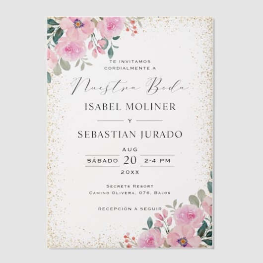 金ゴールドフレームピンクフローラヌエストラボーダスペインの ベラム紙招待状 (正面)