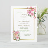 金ゴールドフレームピンクローズ結婚式招待状 招待状 (スタンド正面)