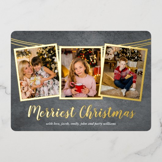 金ゴールドフレームフォトコラージョメリーンクリスマス 箔シーズンカード (正面)