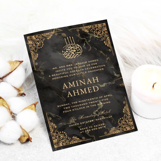 金ゴールドフレームブラックマーブルスラミックアキカアクエカベビー 招待状