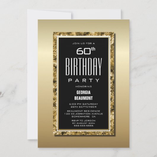金ゴールドフレームブラック60th誕生日パーティー 招待状 (正面)