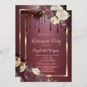 金ゴールドフレームブルゴーニュバラグリッタードリップス退職 招待状 (正面/裏面)