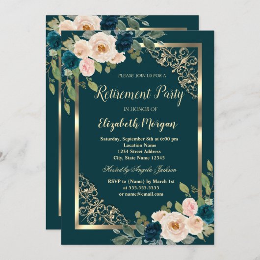 金ゴールドフレームブルゴーニュバラグリーンリタイア 招待状 (正面/裏面)