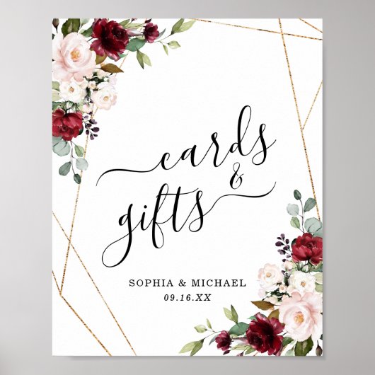 金ゴールドフレームブルゴーニュフローラカードとギフトサイン ポスター (正面)