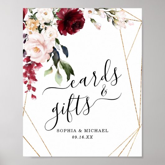 金ゴールドフレームブルゴーニュフローラカードとギフトサイン ポスター (正面)