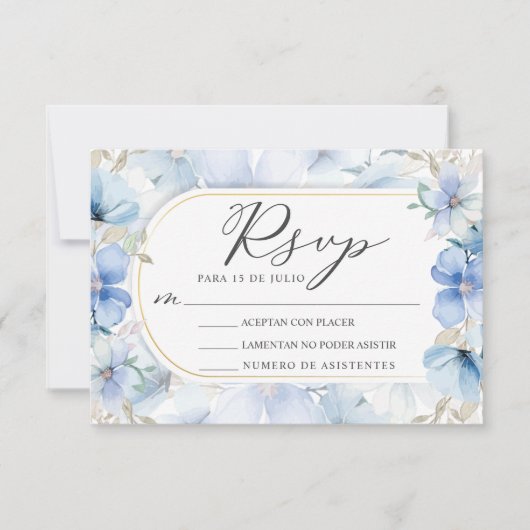 金ゴールドフレームブルーフローラガーデンヌエストラボーダRSVP 招待状 (正面)