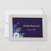 金ゴールドフレームブルーボホフローラウェディングRSVP 出欠カード (正面)