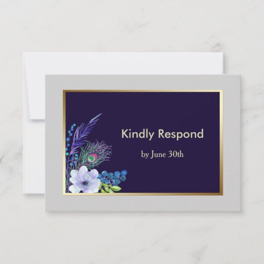 金ゴールドフレームブルーボホフローラウェディングRSVP 出欠カード (正面)