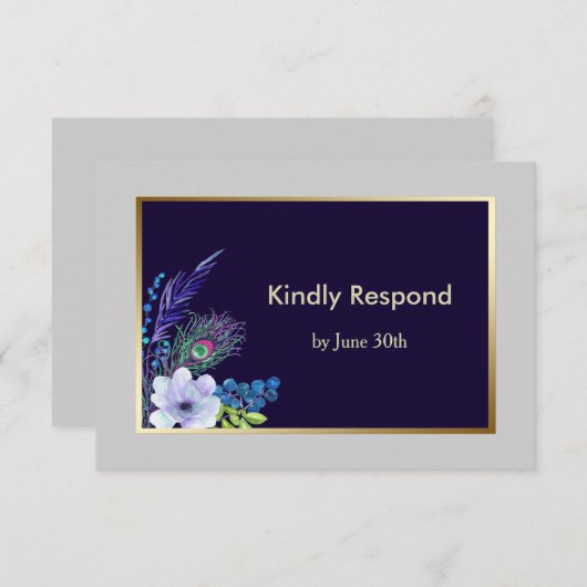 金ゴールドフレームブルーボホフローラウェディングRSVP 出欠カード (正面/裏面)