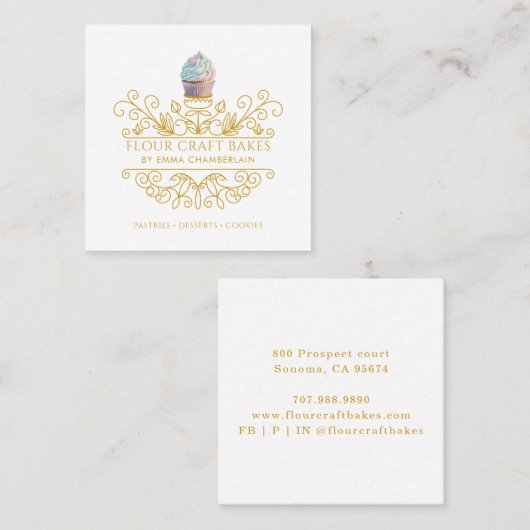 金ゴールドフレームベーカリーベーカーのロゴ名刺 スクエア名刺 (正面/裏面)