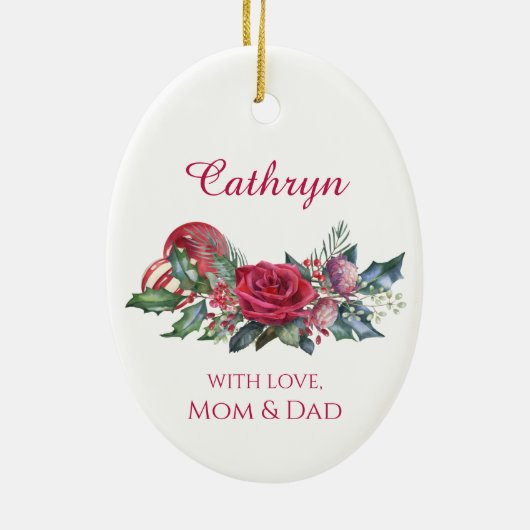 金ゴールドフレームホリデーブーケレッドリパーソナライズされたボン セラミックオーナメント (裏面)