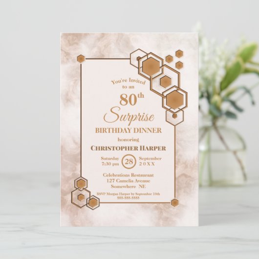 金ゴールドフレームマーブルサプライズ80th誕生日ディナー 招待状 (スタンド正面)