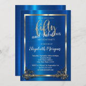 金ゴールドフレームメタリックブルー50th誕生日パーティー 招待状 (正面/裏面)