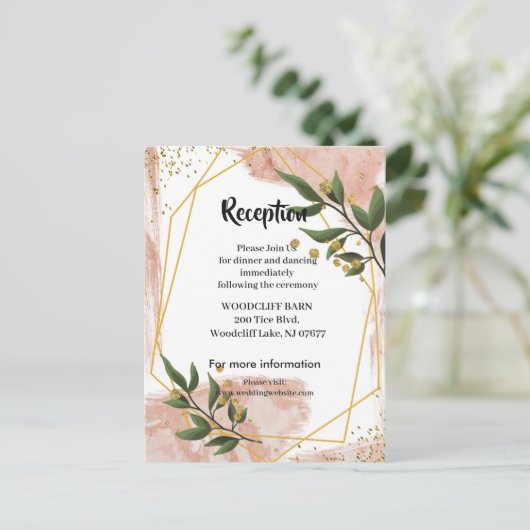 金ゴールドフレームモダンアイボリーグリーンフローラルレセプションカード 案内ポストカード (スタンド正面)