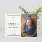 金ゴールドフレームモダングリッターネイビーブルーバプテスマ写真 招待状 (スタンド正面)