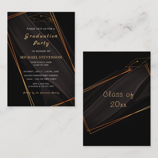 金ゴールドフレームモダンブラックグラードパーティの招待状 ノートカード (正面/裏面)