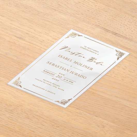 金ゴールドフレームモチーフヌエストラスペインのボダ結婚ズ アクリル招待状 (レイダウン)