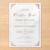 金ゴールドフレームモチーフヌエストラスペインのボダ結婚ズ アクリル招待状 (正面)