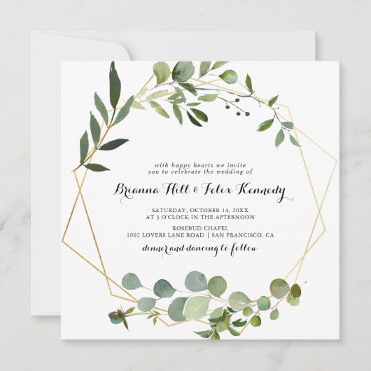 金ゴールドフレームユーカリ書道広場結婚 招待状 (正面)