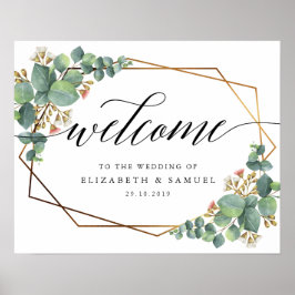 金ゴールドフレームユーカリ結婚のサインへようこそ ポスター