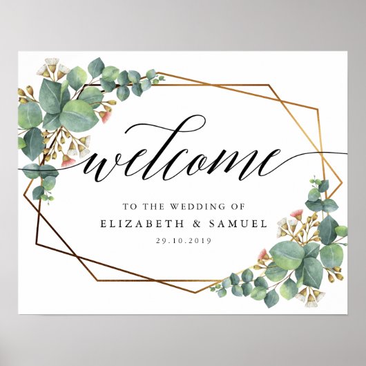 金ゴールドフレームユーカリ結婚のサインへようこそ ポスター (正面)